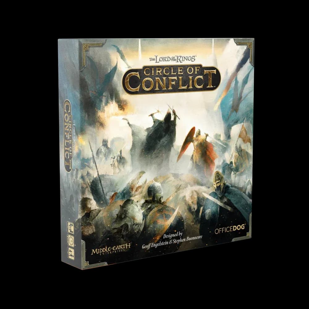 La boîte du jeu The Lord of the Rings: Circle of Conflict, avec une mêlée entre cavaliers du Rohan et forces de l'Ombre