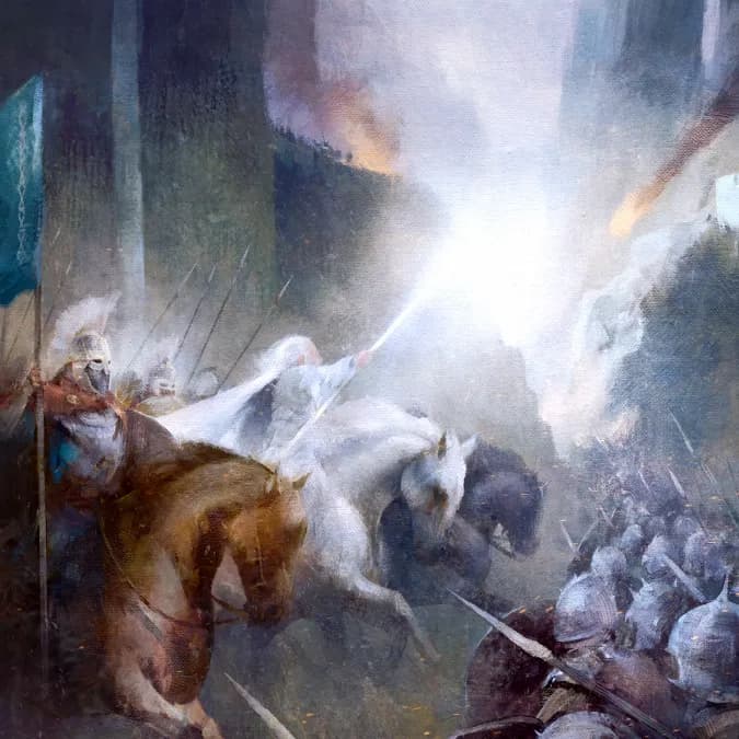 Illustration du jeu : Gandalf chevauche Scadufax à la tête des cavaliers du Rohan face à une armée d'orques