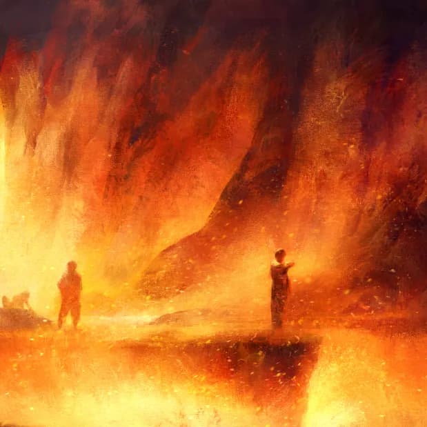 Illustration du jeu : deux Hobbits dans les flammes de la Montagne du Destin