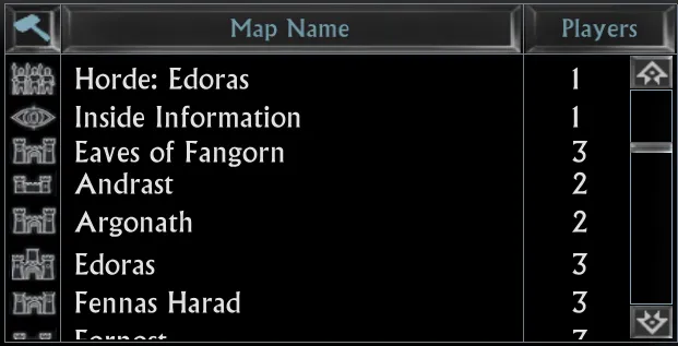 Liste des cartes d'Edain Mod avec une icône différente selon le type de carte