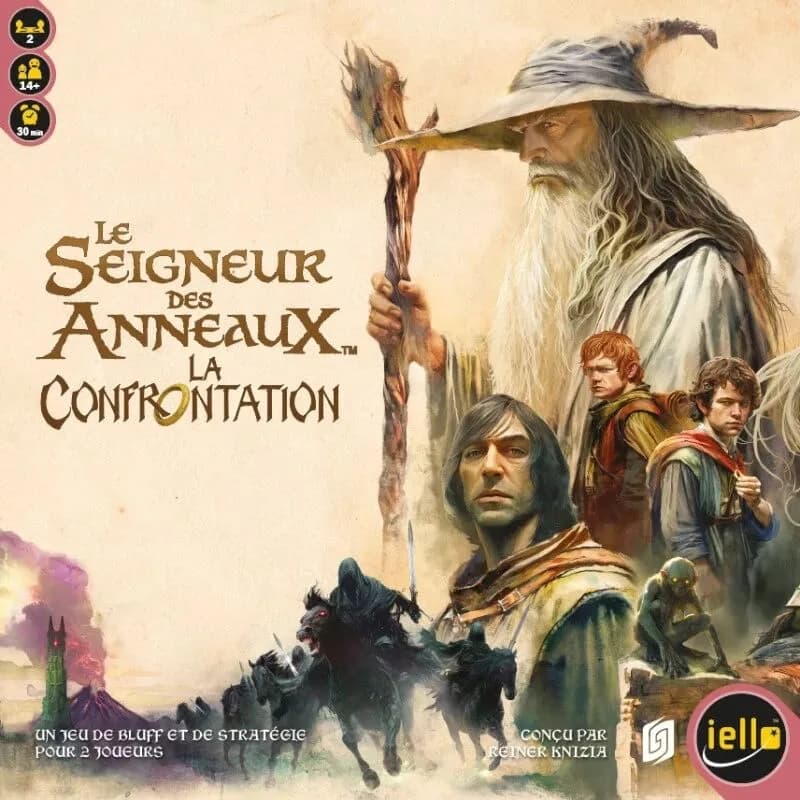 La boîte française du jeu Le Seigneur des Anneaux : La Confrontation chez Iello, avec Gandalf, Frodo et Aragorn devant les Cavaliers Noirs