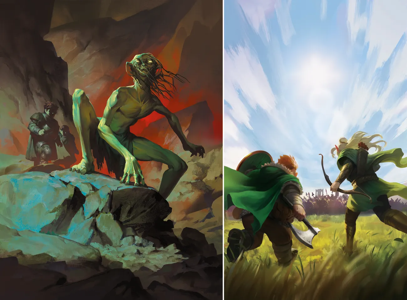 Deux illustrations du jeu : Gollum accroupi sur un rocher, et Legolas et Gimli courant dans l'herbe