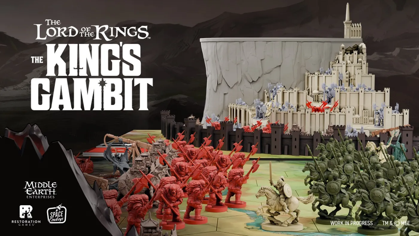 Le Minas Tirith en plastique de The King's Gambit, assiégé par des figurines rouges des forces de l'Ombre face aux cavaliers verts du Rohan