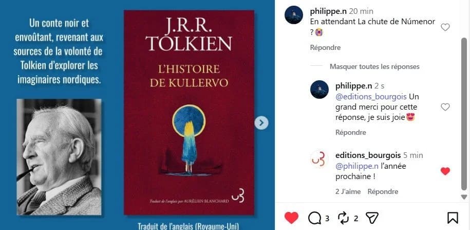 Échange en commentaire entre un lecteur et les éditions Christian Bourgois sur Instagram