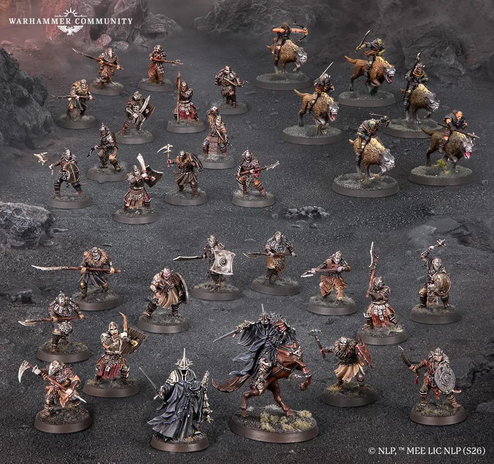 Le contenu de la boîte Mordor Battlehost : orques, Chevaucheurs de Wargs et Roi-Sorcier d'Angmar