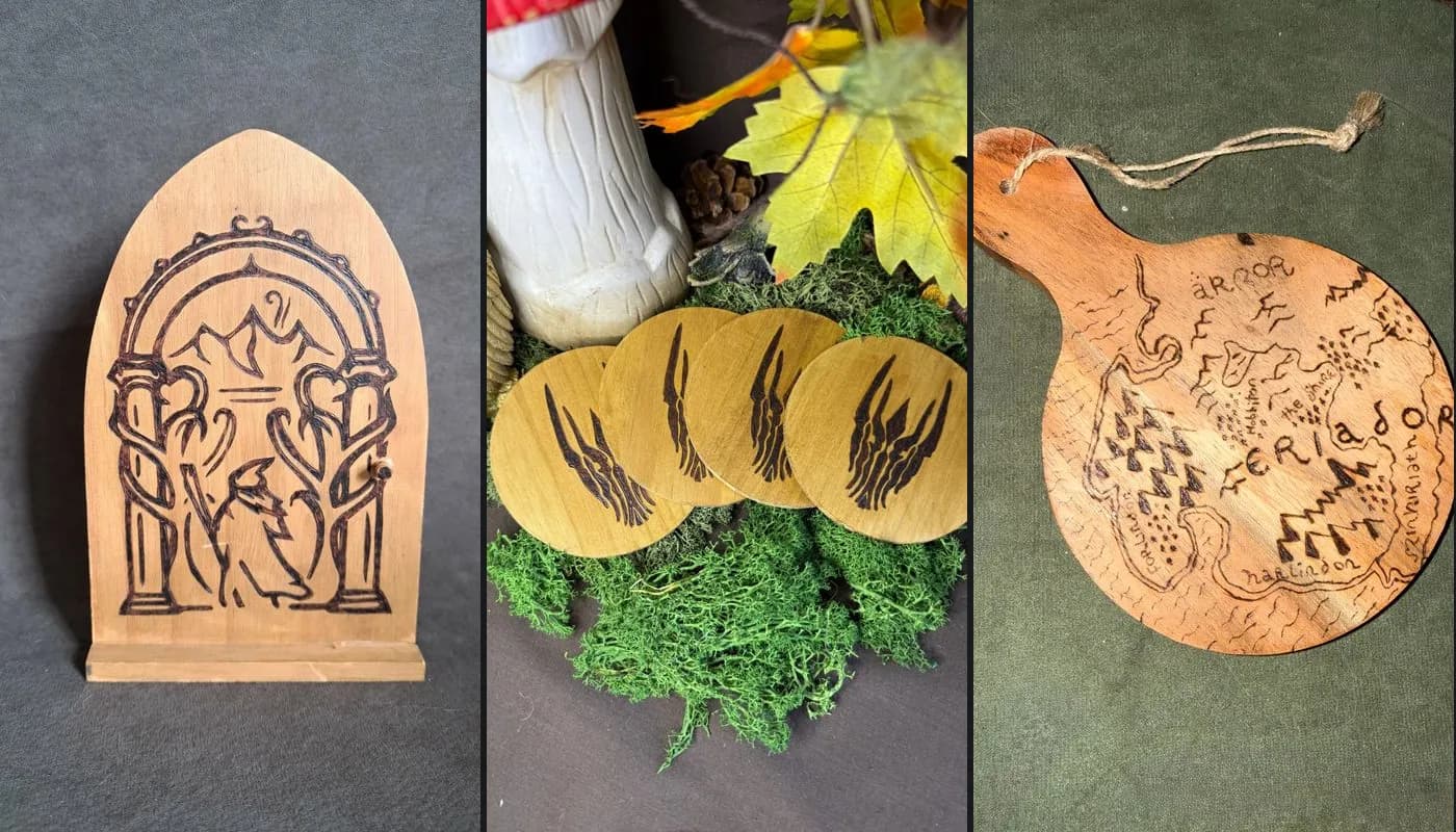 Porte de la Moria pyrogravée, sous-verres en bois au casque de Sauron et poêlon pyrogravé de l'Eriador