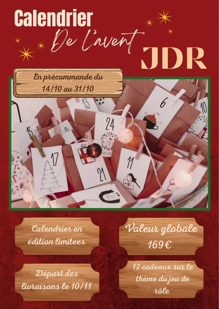 Affiche du calendrier de l'Avent JDR 2026 de L'Atelier de Moino : précommande du 14 au 31 octobre, livraisons à partir du 10 novembre