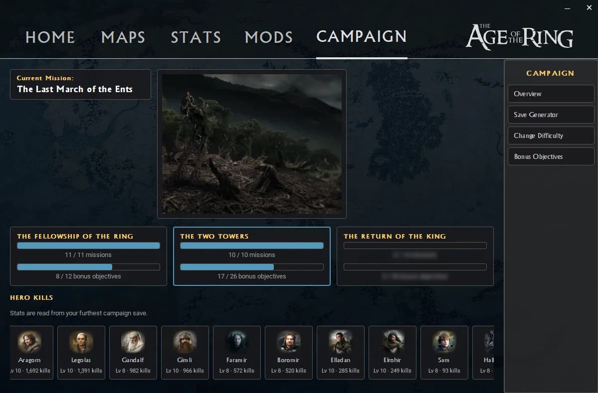 Nouvel onglet Campaign du Launcher Age of the Ring avec le suivi de progression