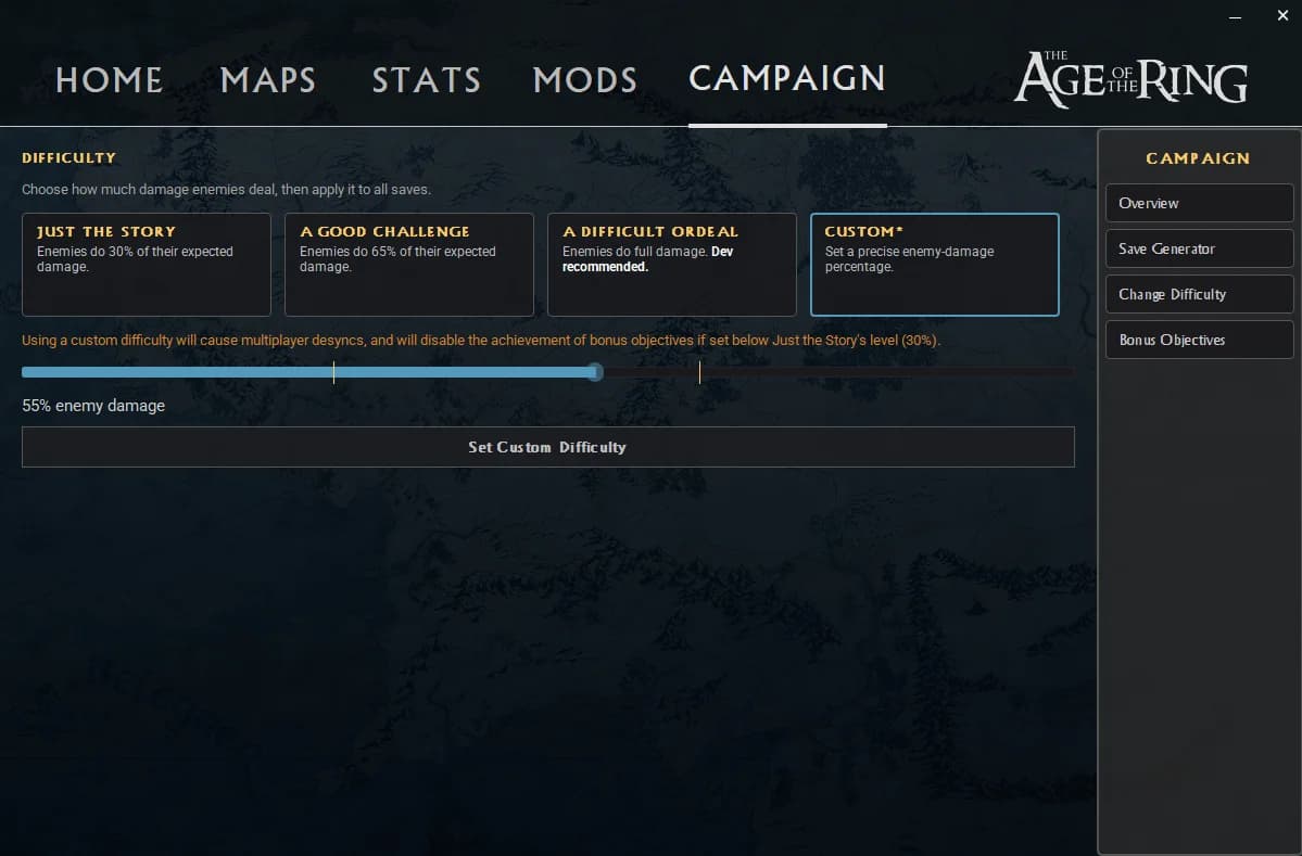 Réglage de la difficulté personnalisée dans le Launcher Age of the Ring