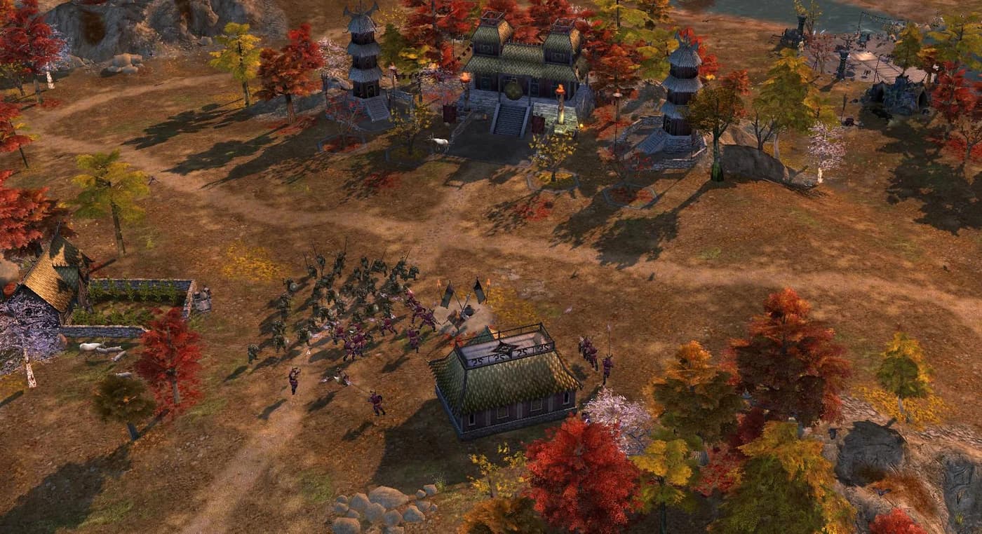 Raid d'une armée sur une colonie dans un décor automnal