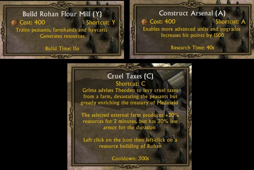 Infobulles d'Edain Mod affichant le temps de construction, de recherche et de recharge