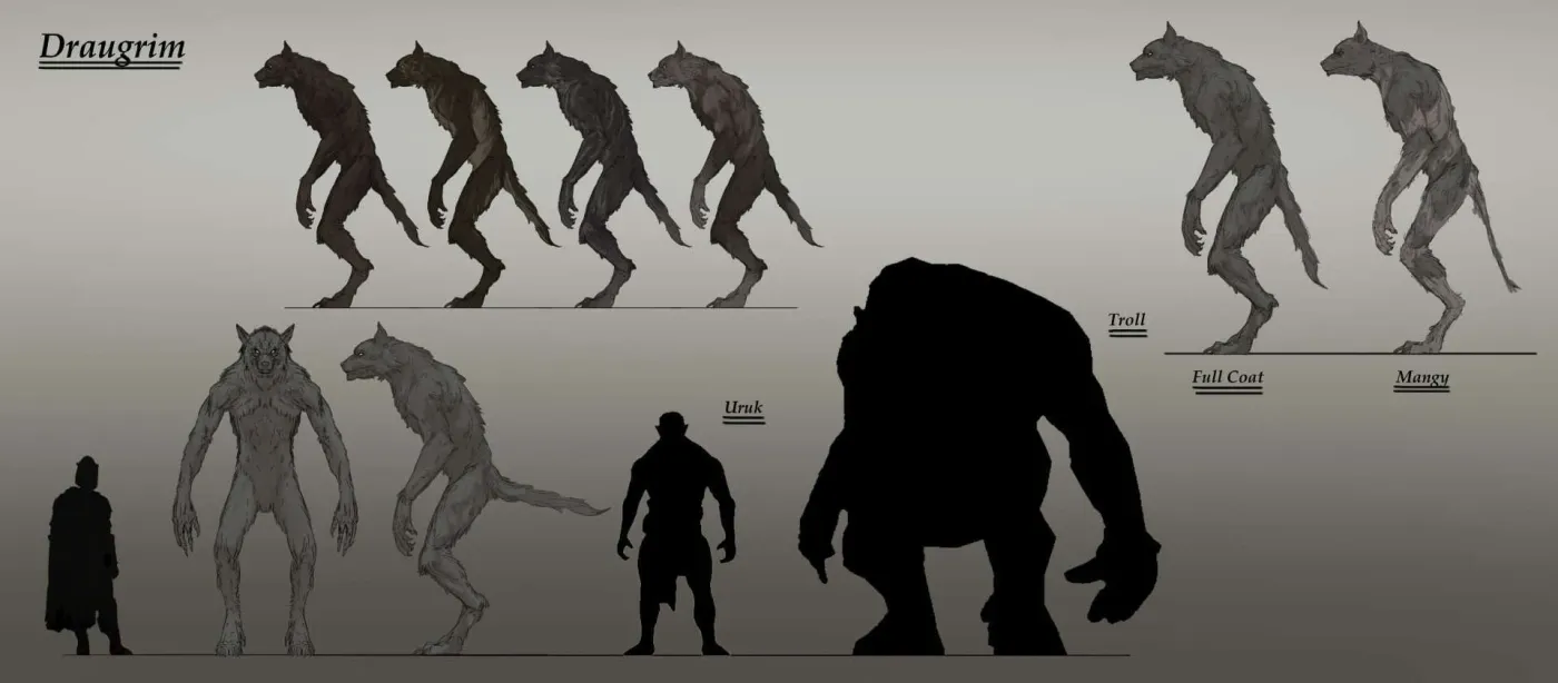 Concept art des Draugrim, comparés à un Homme, un Orque et un Troll