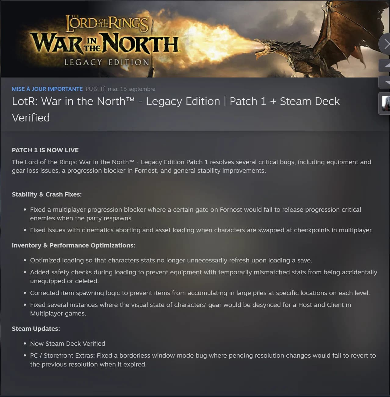 Notes de patch officielles du Patch 1 de War in the North Legacy Edition sur SteamDB
