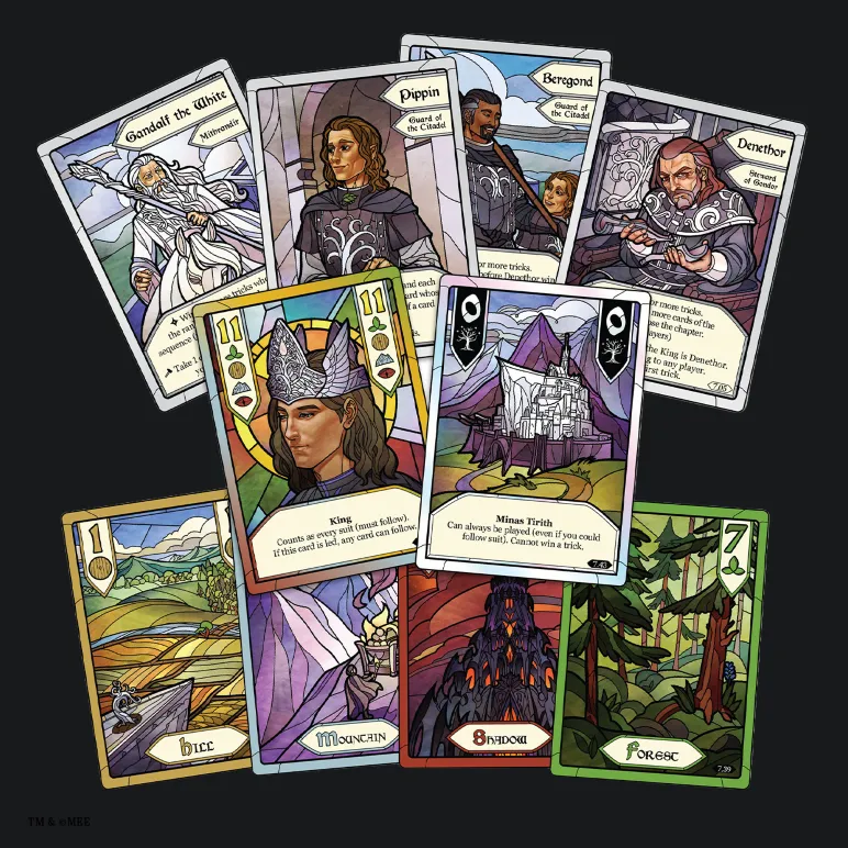 Cartes du jeu : Gandalf le Blanc, Pippin, Beregond, Denethor, Aragorn roi et Minas Tirith
