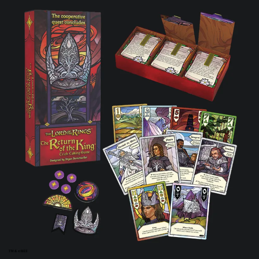 Le contenu du jeu : boîte de rangement, cartes et jetons couronne, Anneau et soleil levant